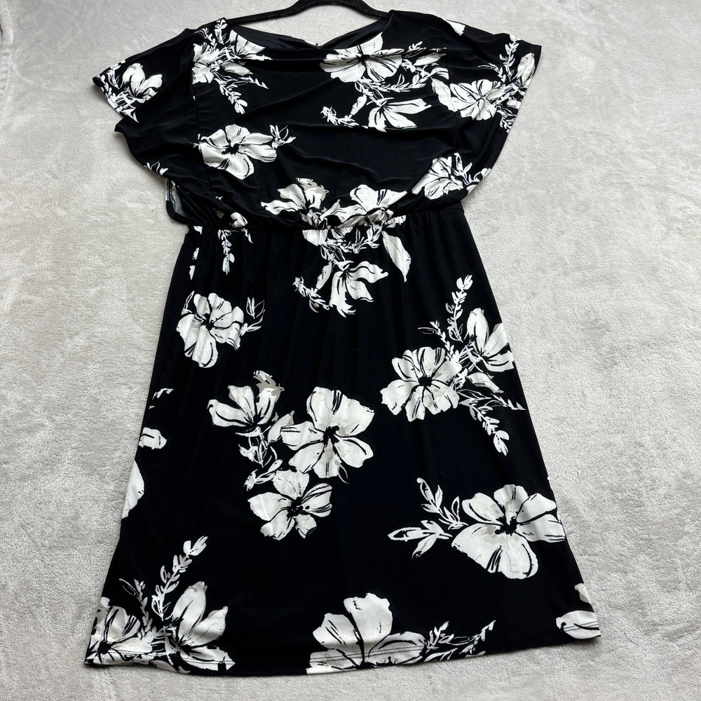 Anne Klein Floral Dress Womens 12 Black White Garden Party Chic Modest Wedding